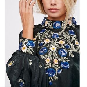 Free People Black Embroidered High-Neck Blouse with Blue Floral Detail